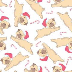 Christmas seamless pattern with the image of little cute puppies in the hat of Santa Claus. Children's vector background.