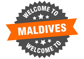 Maldives sign. welcome to Maldives orange sticker