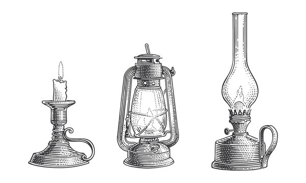 Old vintage oil lamps and candle engraving line illustration. Vector. 
