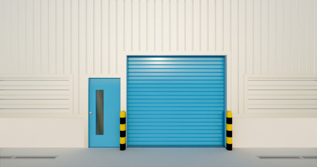 Roller door or roller shutter. Also called security door or security shutter. For protection home and industrial building i.e. factory, warehouse, hangar, workshop, store, hall or garage. 3d render.