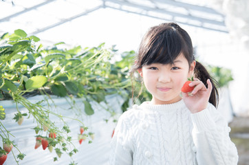 笑顔でいちごを持つ女の子