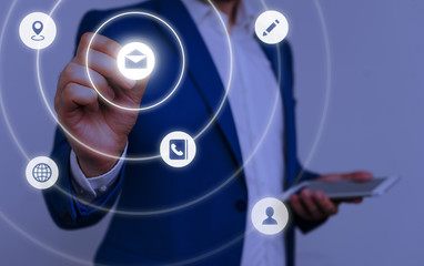 Male human wear formal work suit presenting presentation using smart device