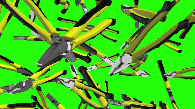 Rain of 3d pliers falling on green screen background. Metal pliers with yellow rubber handles against a chroma key. Work tool concept. Close up view. 4k animation.