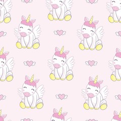cute seamless pattern with cartoon unicorn, magic wand and rainbow. wrapping paper design, children's illustration