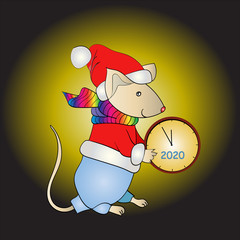 Santa claus mouse holds watch