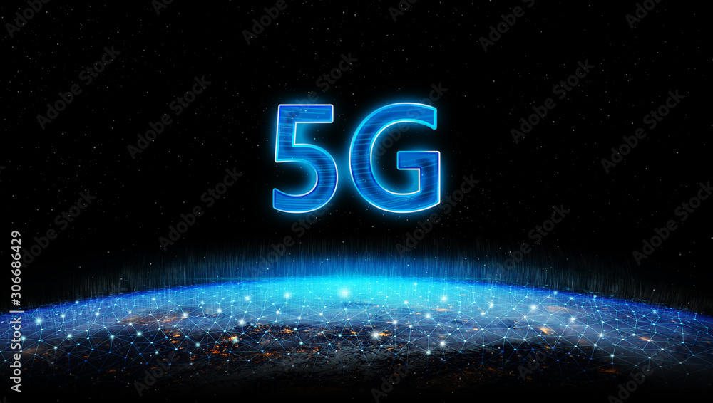Wall mural 5g new wireless internet wifi connection. mobile internet concept. creative glowing 5g network backd