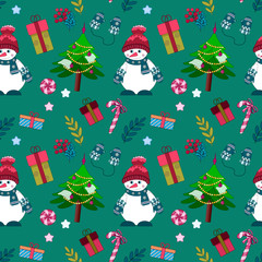 Snowman seamless pattern for Christmas and New Year. Background with mittens, box gift, christmas tree, lollipops, berries and leaves.