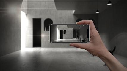 Hand holding smart phone, AR application, simulate furniture and interior design products in real...