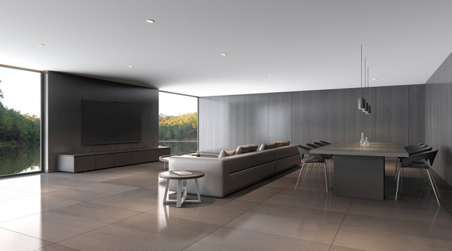 Perspective of modern luxury living room with grey leather sofa with dining table and TV cabinet on lake view background, dark timber interior design - 3D rendering.