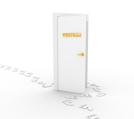 Human footprints bypass the door with the inscription customs. 3D rendering