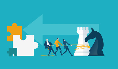 Business people working with chess figures. Improving Business strategy for success.  Achieving goals, working together, playing chess game. Horse and castle moves. 