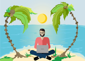 beach man working on a laptop. freelancer on the beach working on a computer. vector.