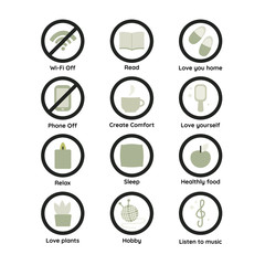 Flat vector set of icons in hygge style. Set of icons of comfort and coziness.