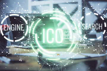 Multi exposure of blockchain theme hologram and table with computer background. Concept of bitcoin crypto currency.