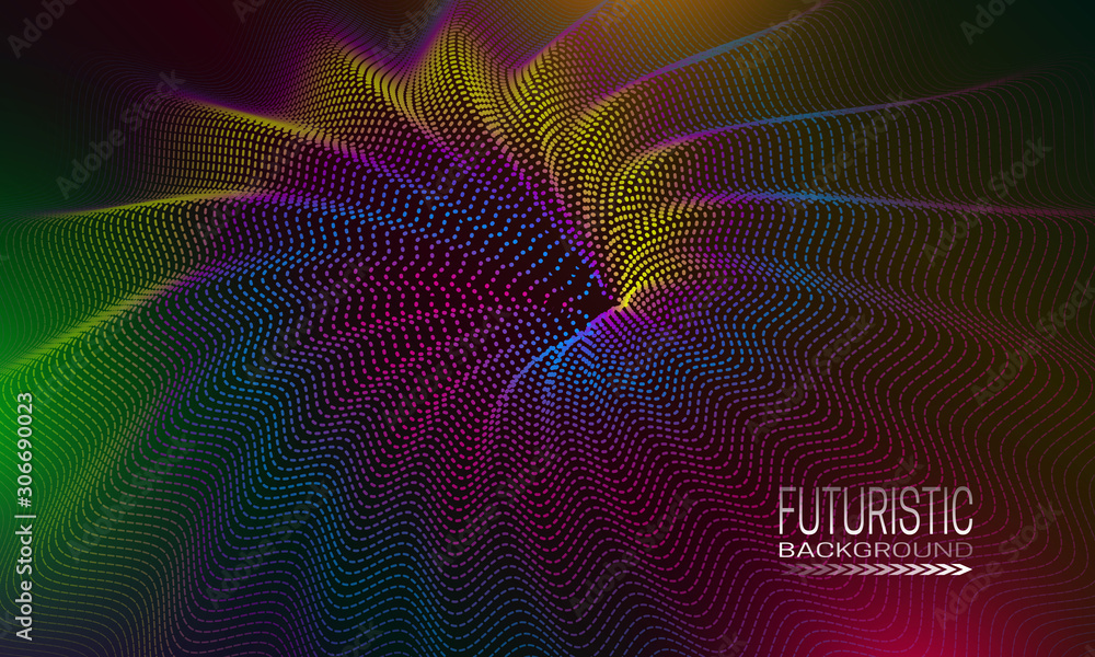 Poster futuristic background design with iridescent dotty space abstraction. techno style banner template.