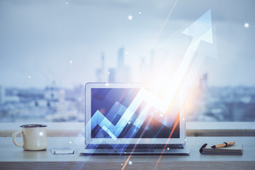 Computer on desktop with point up arrows hologram. Double exposure. Concept of success.