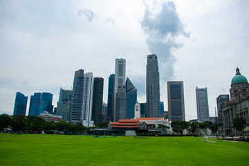 Fototapeta na wymiar Singapore - January 4 2019: Singapore skyscrapers behind a green lawn