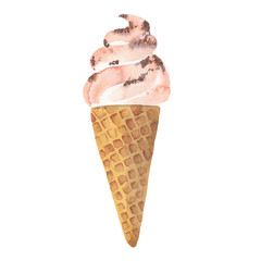 Cute beige cocoa ice ceam with chocolate in wafer cone isolated on white background. Hand drawn watercolor illustration.