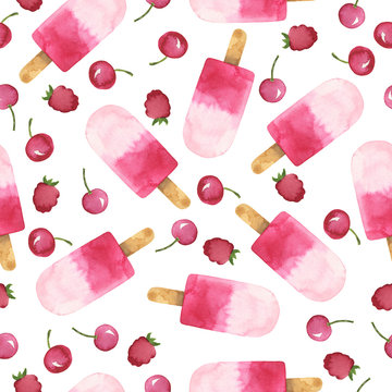 Seamless pattern with fresh fruit popsicle and pink berry on white background. Hand drawn watercolor illustration.