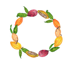 Cacao pods and leaves round frame isolated on white background. Hand drawn watercolor illustration.