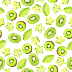 Seamless pattern with fresh carambola fruit and kiwi slices on white background. Hand drawn watercolor illustration.