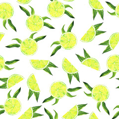 Seamless pattern with fresh lime slices and green leaves on white background. Hand drawn watercolor illustration.