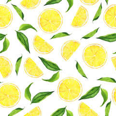 Seamless pattern with fresh lemon slices and green leaves on white background. Hand drawn watercolor illustration.