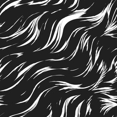 Seamless vector pattern in black color from abstract waves and splashes. Water texture. Black strokes of paint on a white background.