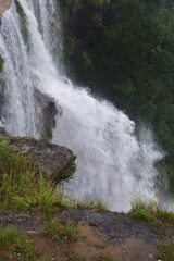 Close up of  the water falls of Cherrapunjee Eco park with lots of trees and greenery of the hills, selective focusing