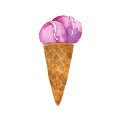 Violet blueberry ice cream in wafer cone isolated on white background. Hand drawn watercolor illustration.