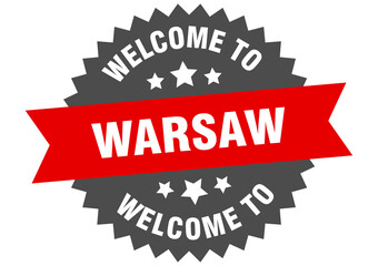 Warsaw sign. welcome to Warsaw red sticker