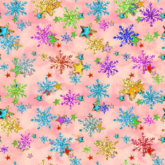 Holiday Glitter hand drawn artistic star snowflakes  sparkling seamless background 