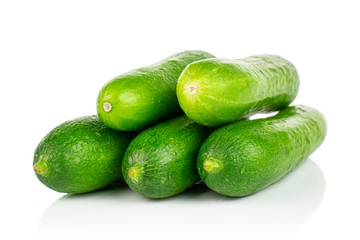 Group of five whole fresh green baby cucumber isolated on white background