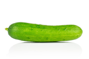 One whole fresh green baby cucumber isolated on white background