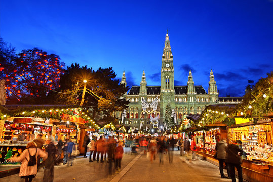 The Christmas market in front of the Rathaus (City hall) of Vienna, Austria 