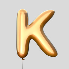 Letter K made of Gold Balloons. Alphabet concept. 3d rendering isolated on Gray Background