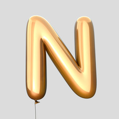 Letter N made of Gold Balloons. Alphabet concept. 3d rendering isolated on Gray Background