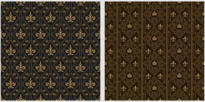Vintage backgrounds, patterns. Two modern background pictures in retro style. Seamless vector backgrounds. Set of patterns. Colors in the image: black, brown, gold. Exquisite graphic design. Vector.