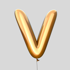 Letter V made of Gold Balloons. Alphabet concept. 3d rendering isolated on Gray Background