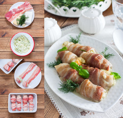 Collage of step-by-step cooking of bacon rolls with cheese baked in the oven on a white dish, selective focus