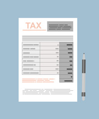 Tax payment. Government, state taxes. Data analysis, paperwork, financial research, report. Businessman calculation tax return. Flat design. Form vector. Payment of debt.