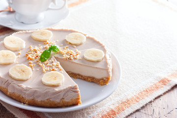 Homemade banana cheesecake without baking, horizontal, copy space