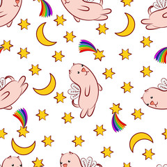  Golden stars, month, comets and winged cats. Gold stars, months, rainbow-tailed comets and winged cats. Design element. The effect of fabric. Vector illustration.