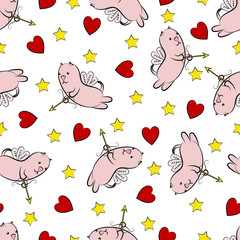  Hearts, stars and winged cats. Valentine's day background. multicolored hearts, golden stars and winged cats with arrows and bows. Design element. Vector illustration.