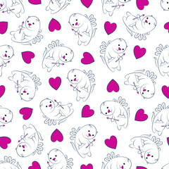  Hearts and winged cats. Valentine's day background. Pink hearts and white winged cats with arrows and bows. Design element. Vector illustration.