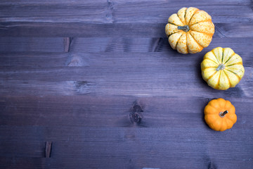 pumpkins and leaves, top view on the brown wooden background , web banner with copy space