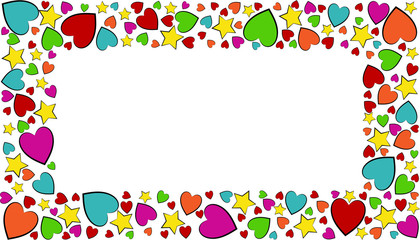 Fototapeta na wymiar Hearts and stars. Frame for design for Valentine's Day. Multi-colored hearts and stars. Place for text. Design element. Vector illustration.
