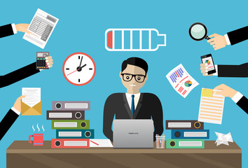 Overworked business man work laptop computer low on energy vector flat illustration concept