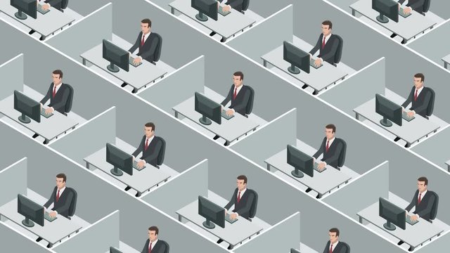 Identical male clones work on a computer in a cubicle office room isometric