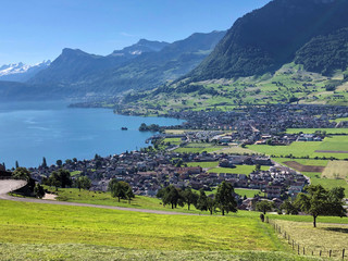 Settlement Ennetbürgen (Ennetburgen or Ennetbuergen) on the shores of Lake Luzerne and at the end...